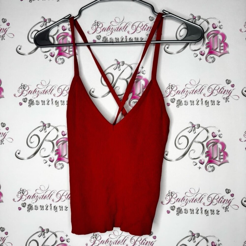 Tank top ribbed Red Strappy Top criss cross back stretchy
